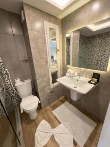 a bathroom with a toilet and a sink and a mirror at Hamilton Suites & Appart in Casablanca +20 photos