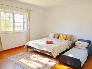 a bedroom with a bed and a couch and a window at Great for Families in Lourinhã-Double Rooms-Private Baths-Free Parking & Extra Bed in Lourinhã