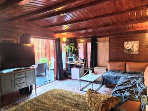 a living room with a couch and a television at Cabin39 in Barkingside