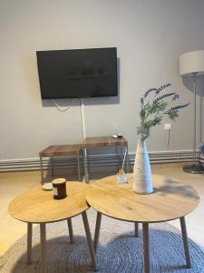a living room with two tables and a tv at Nia The Yard in Nafpaktos