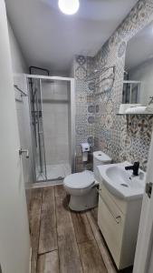 a bathroom with a toilet and a sink and a shower at hostal olozaga in Alicante