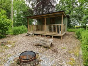 a small green cabin with a grill in front of it at Bracken Fern in Richmond