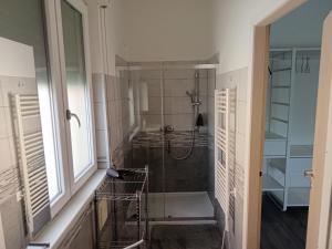 a bathroom with a shower with a glass door at B&B Villa AVE in Seriate