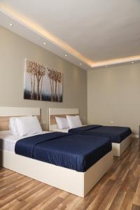 a bedroom with a large bed with blue sheets at Munir’s residence in Cairo