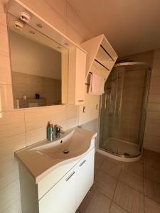 a bathroom with a sink and a shower at Apartmaji Tomšič in Mojstrana +18 photos