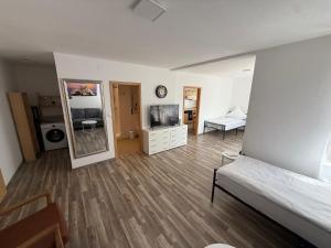 a living room with a bed and a television at Das kleine Zuhause 1 in Bad Driburg