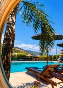 a pool with a palm tree and two lounge chairs and a mirror at Ionian's Breeze Hotel in Ksamil