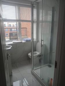 a bathroom with a toilet and a glass shower at Connolly station homestay in Dublin
