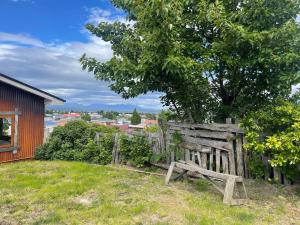 a wooden bench under a tree next to a building at Casa Oxidada in Puerto Natales