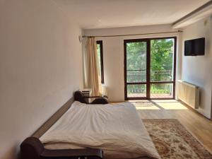 a bedroom with a bed and a large window at Paradisul de la țara in Moara Vlăsiei +29 photos