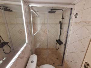 a shower with a glass door in a bathroom at Casa di TSANES in Pinakokhórion +11 photos