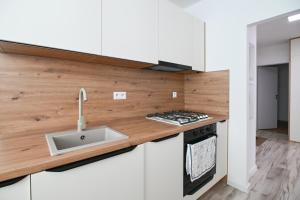 a kitchen with white cabinets and a wooden counter top at Sowa Rigpa apartmán in Gerlachov
