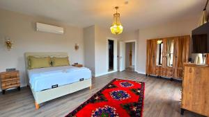 a bedroom with a white bed and a red rug at Bozburunvillas in Bozburun