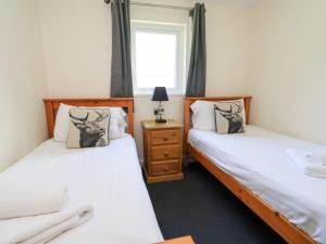 two twin beds in a room with a window at The Roe in St Asaph