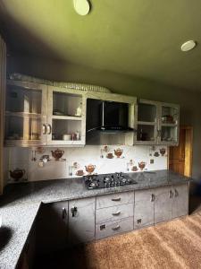 a kitchen with a stove and a counter top at Marvoi resort in Hunza Valley