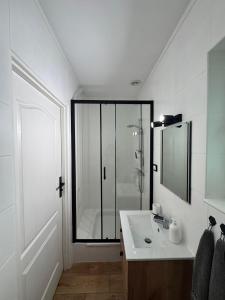a bathroom with a sink and a glass shower at Pokoje Gościnne OAZA in Sztutowo +61 photos