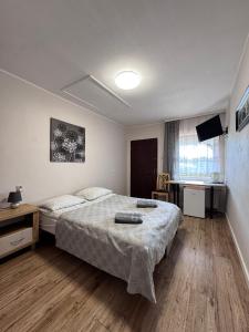 a bedroom with a bed and a desk and a television at Pokoje Gościnne OAZA in Sztutowo