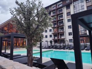 an apartment with a swimming pool in front of a building at Titova vila apartman Vardar 17 in Palisat
