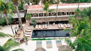 an overhead view of a hotel with a pool and palm trees at Amaite Holbox - Oceanfront Hotel in Holbox Island