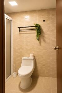ein Badezimmer mit Toilette und einer Pflanze an der Wand in der Unterkunft Casa Aoi Ideal para empresas y grupos de trabajo in Pachuca de Soto + 94 Fotos