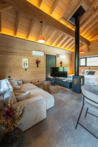 a living room with a couch and a fireplace at EPIC CHALETS - 4 et 5 étoiles - Spa privatif - Gérardmer in Granges-Aumontzey