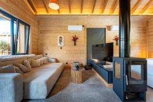 a living room with a couch and a tv at EPIC CHALETS - 4 et 5 étoiles - Spa privatif - Gérardmer in Granges-Aumontzey