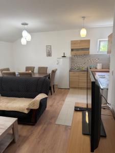 a living room and kitchen with a couch and a table at Apartman M&S in Golubovci