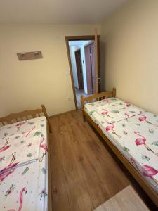 two twin beds in a room with a door at Apartman M&S in Golubovci