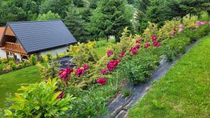 a garden with flowers in front of a house at Niebo do wynajęcia in Kłodzko