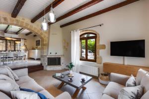 a living room with a couch and a tv at Villa Areti by Villa Plus in Spiliá