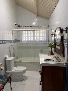 a bathroom with a shower and a toilet and a sink at Pousada A Casa da Fazenda in Santo Antônio do Pinhal +56 photos