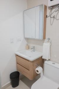a bathroom with a sink and a mirror and a toilet at Colonial studio with 2 Beds - Patio Español in Santo Domingo