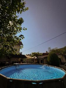ein großer blauer Swimmingpool neben einem Haus in der Unterkunft Vila RID in Perućac