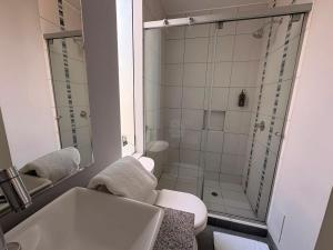 a bathroom with a shower and a toilet and a sink at Barranco Boutique Hotel by 3B in Lima +32 photos