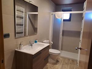 a bathroom with a sink and a toilet and a shower at Casa Rural Tarayuela in Cantavieja +2 photos