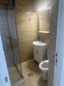 a bathroom with a shower and a toilet and a sink at UROS apartments in Boreti +8 photos