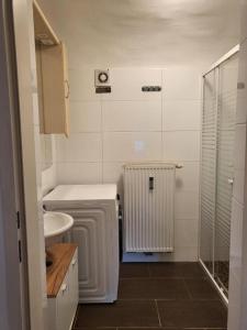 a small bathroom with a sink and a radiator at Holiday Home up to 7 Guests in Fürstenfeld +23 photos