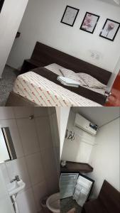 two pictures of a bedroom with a bed and a sink at Hotel Celso Garcia in São Paulo +13 photos