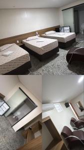 three pictures of a room with two beds in it at Hotel Celso Garcia in São Paulo