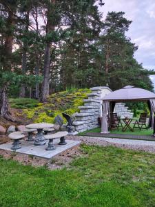 a picnic area with a table and an umbrella at Kotkapesa in Treimani