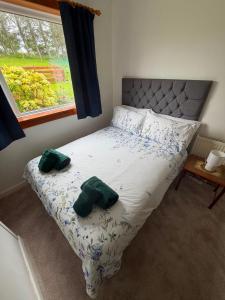 a bedroom with a bed with two green pillows on it at Ashfield in Breakish