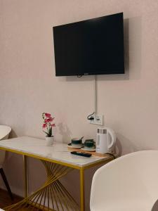 a desk with a tv on a wall with a flower at Horizont Boutique Hotel in Telavi