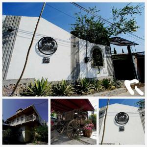 a collage of photos of a building with signs on it at Casa Tepehucan in Malinalco