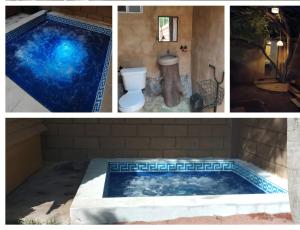 a collage of four pictures of a jacuzzi tub at Casa Tepehucan in Malinalco