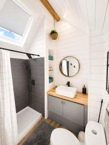 a bathroom with a sink and a shower and a toilet at Zion Couples Retreat Romantic Desert Tiny Home in Apple Valley