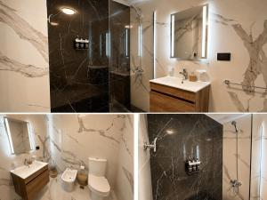 two pictures of a bathroom with a sink and a shower at House Vista Azul in Puerto Madryn