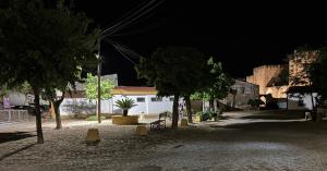 a street at night with trees and a building at Charming House Secret Rose in Flor da Rosa