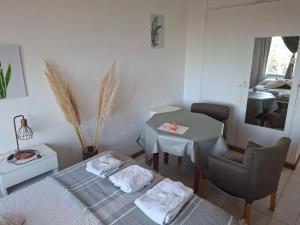a room with a bed and a table and a chair at Bariloche del Sur in San Carlos de Bariloche