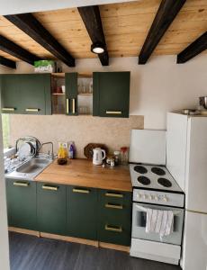 a kitchen with green cabinets and a white refrigerator at Kućica Sreće in Visoko