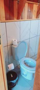 a bathroom with a blue toilet in a room at Chalé Raio de Sol- Colônia Witmarsum in Palmeira +35 photos